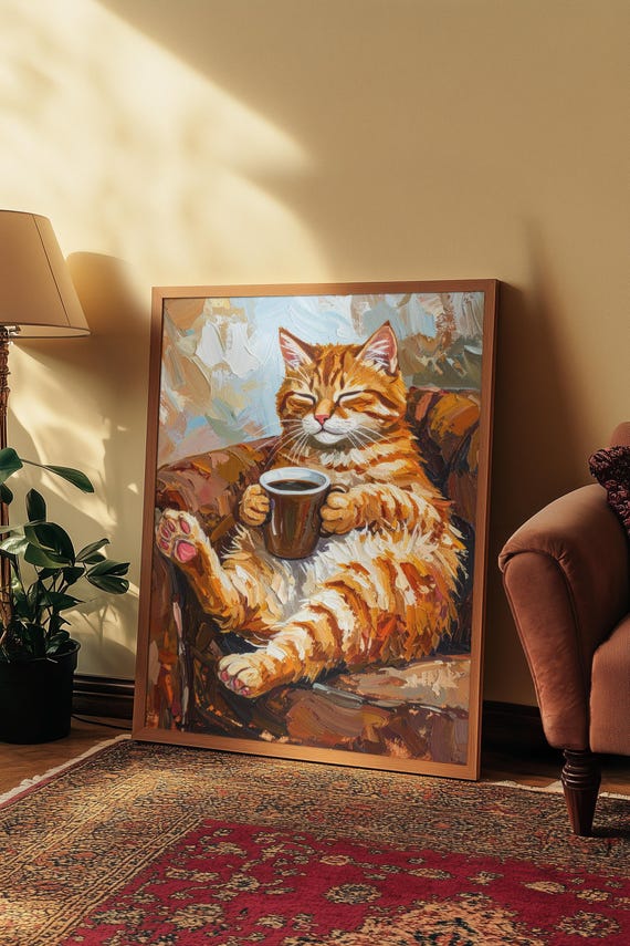Textured Ginger Cat Oil Painting Print Funny Style Portrait Drinking Coffee Owner Gift