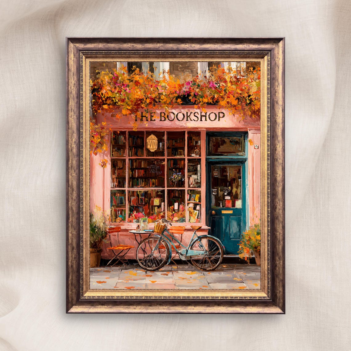 The Bookshop Pink Cozy Storefront Autumn Bicycle Floral Wall Art