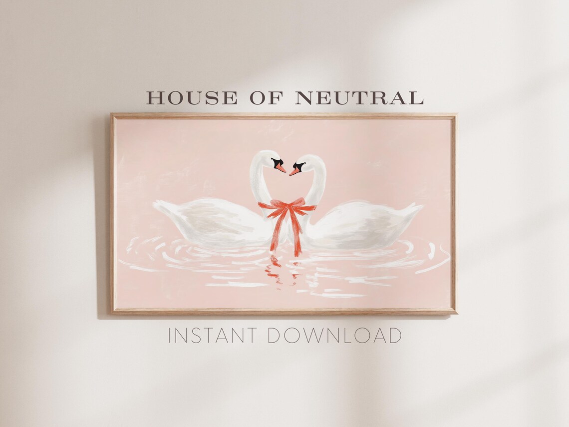 Two White Swans In Love Red Ribbon Pink Background Valentine Wall Art - Image 4