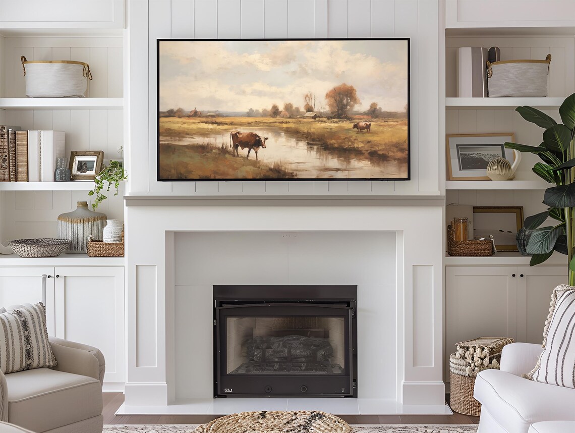 Vintage Cows By River Stream Farm Autumn Pasture Oil Painting Wall Art - Image 3