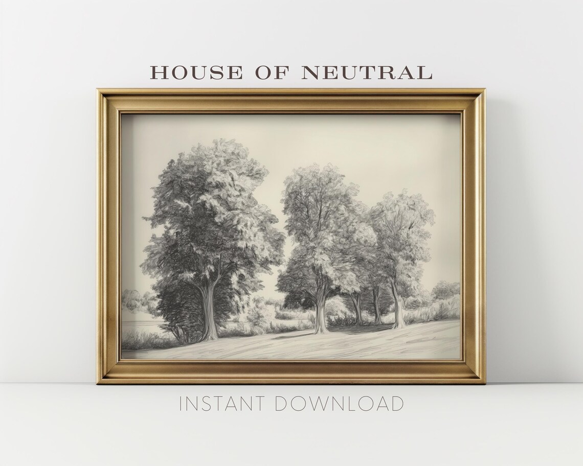 Vintage Pencil Sketch Art Of Tranquil Trees In Countryside Farmhouse Fine Art Wall Art P5 - Image 2