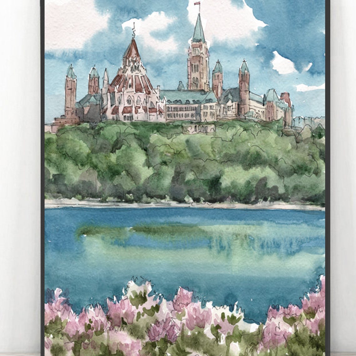 Ottawa Parliament Hill Watercolor Skyline Historic Canada Poster
