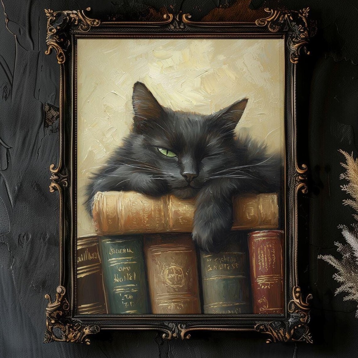 Cozy Black Cat and Books, Light Academia Art Print