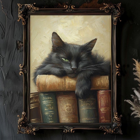 Cozy Black Cat and Books, Light Academia Art Print