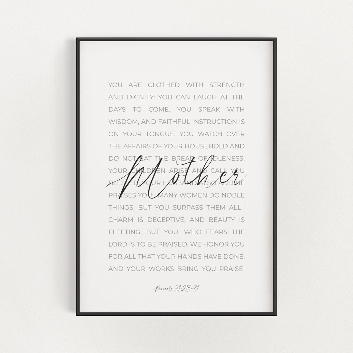 Mother Script Proverbs 31:25-31 Full Passage Minimalist Scripture Poster
