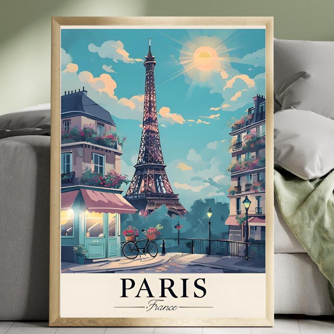 Paris Eiffel Tower Street Cafe Bicycles Sunlit City Art Poster