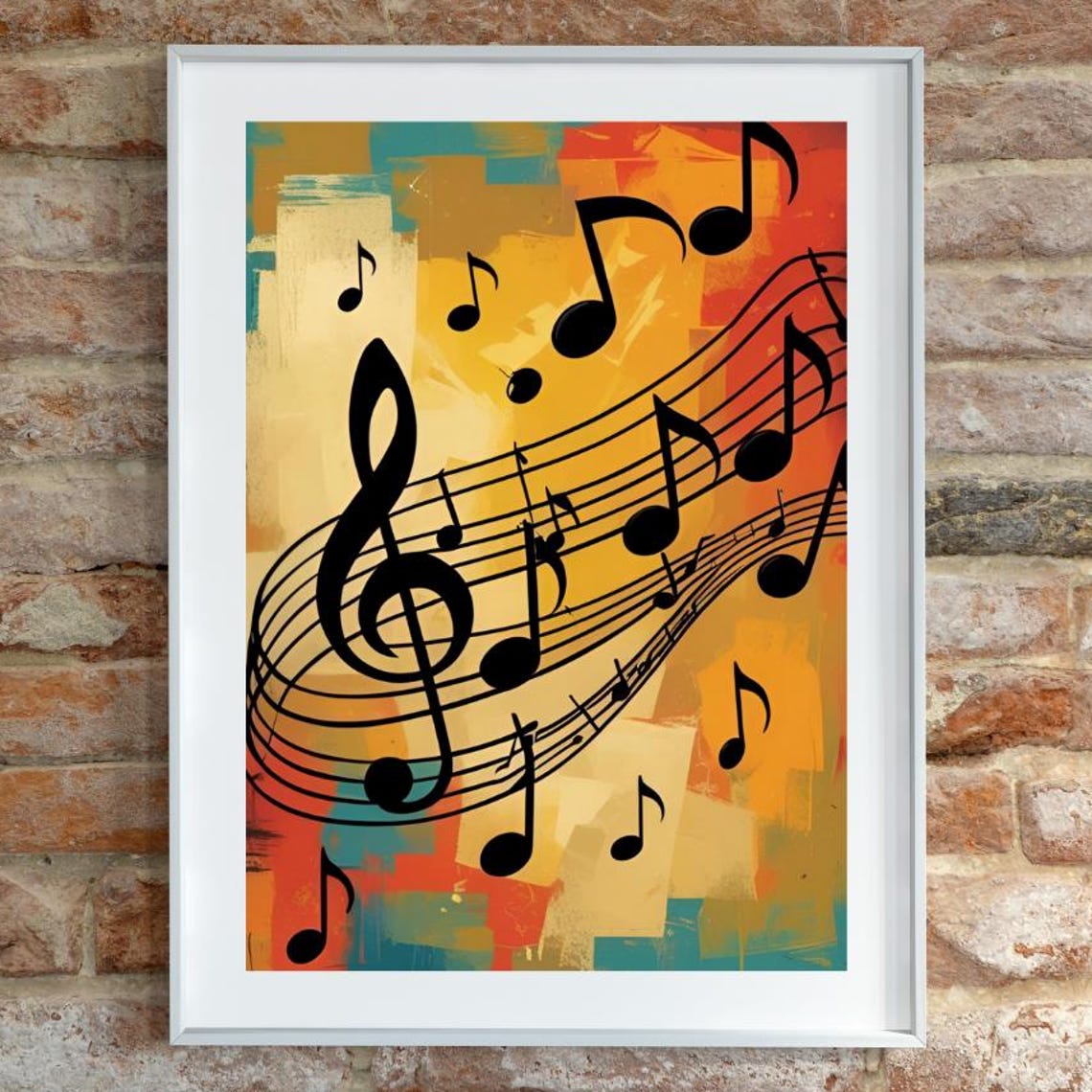 Black Notes on Flowing Staff over Warm Patchwork Colours Poster