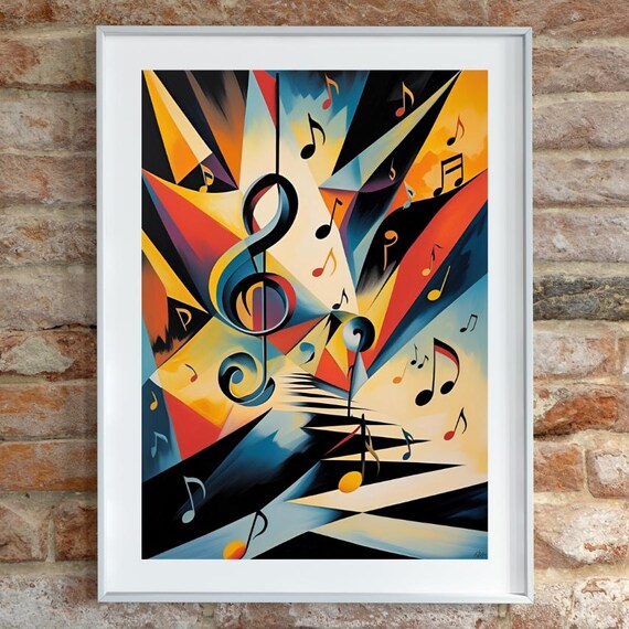 Cubist Treble Clef with Sharp Red Blue Triangles Abstract Poster