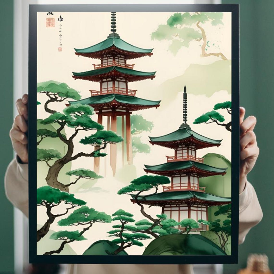 Delicate Green Twin Pagodas Japanese Watercolor Pine Art Poster