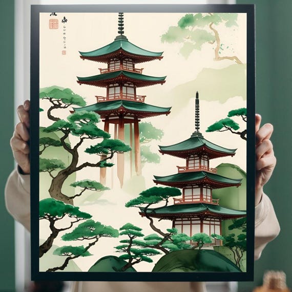 Delicate Green Twin Pagodas Japanese Watercolor Pine Art Poster