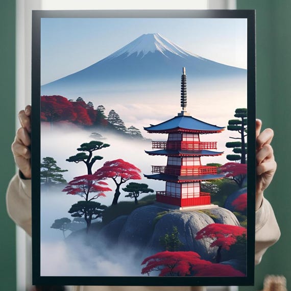 Majestic Snowcapped Mount Fuji with Red Pagoda Travel Poster