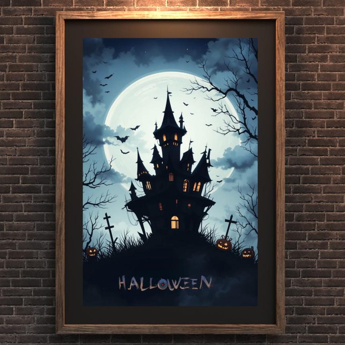 Haunted House Silhouette Under Full Moon Spooky Halloween Night Poster