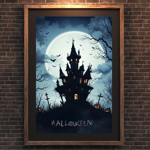 Haunted House Silhouette Under Full Moon Spooky Halloween Night Poster
