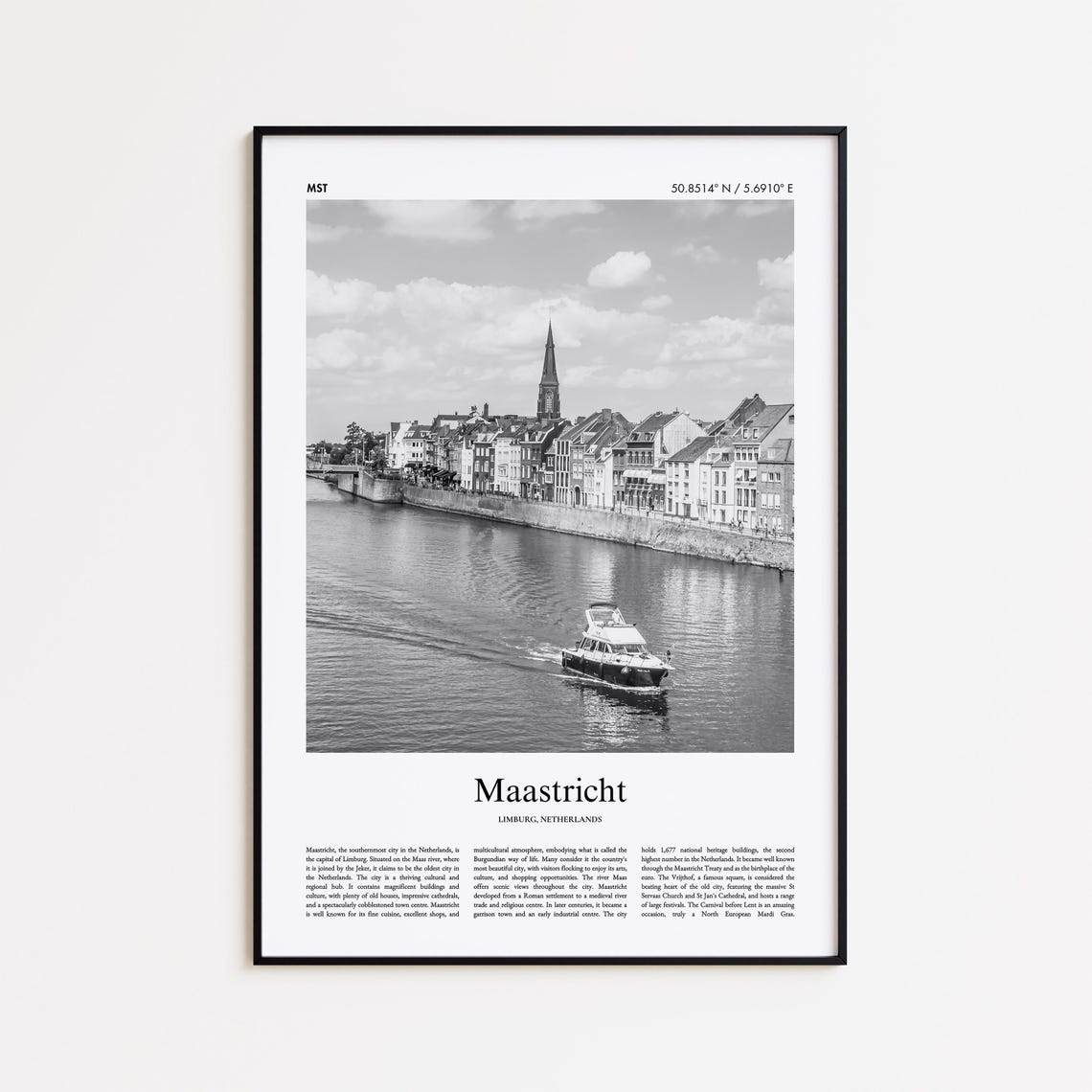 Maastricht Netherlands Black and White Maas River Boat Poster