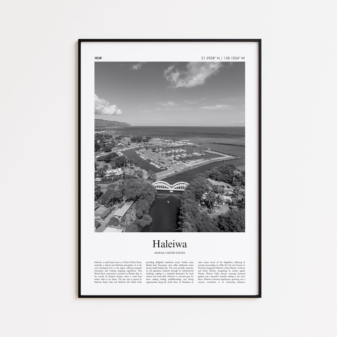 Haleiwa Hawaii Harbor Aerial Black and White Travel Photo Poster