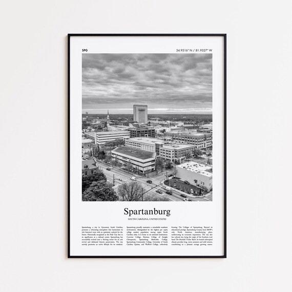 Spartanburg South Carolina Black And White Aerial City Poster