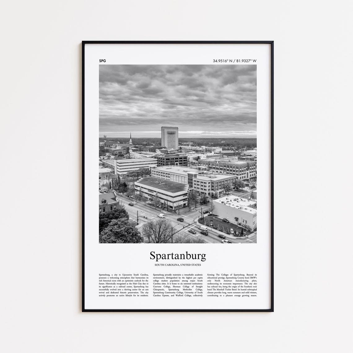 Spartanburg Black And White Print Photo Poster Travel Gift South Carolina United States Usa