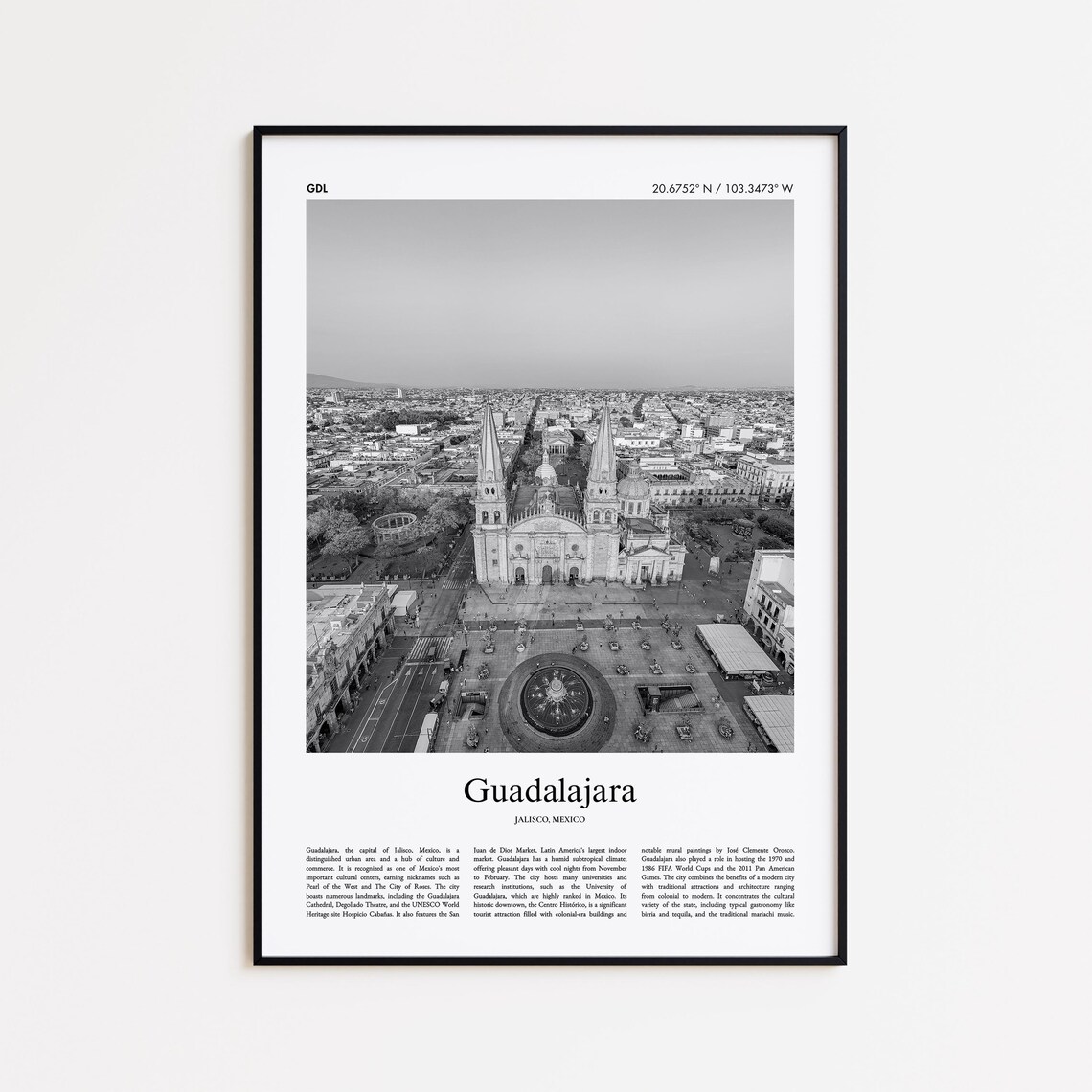 Guadalajara Mexico Black and White Cathedral Aerial Travel Poster