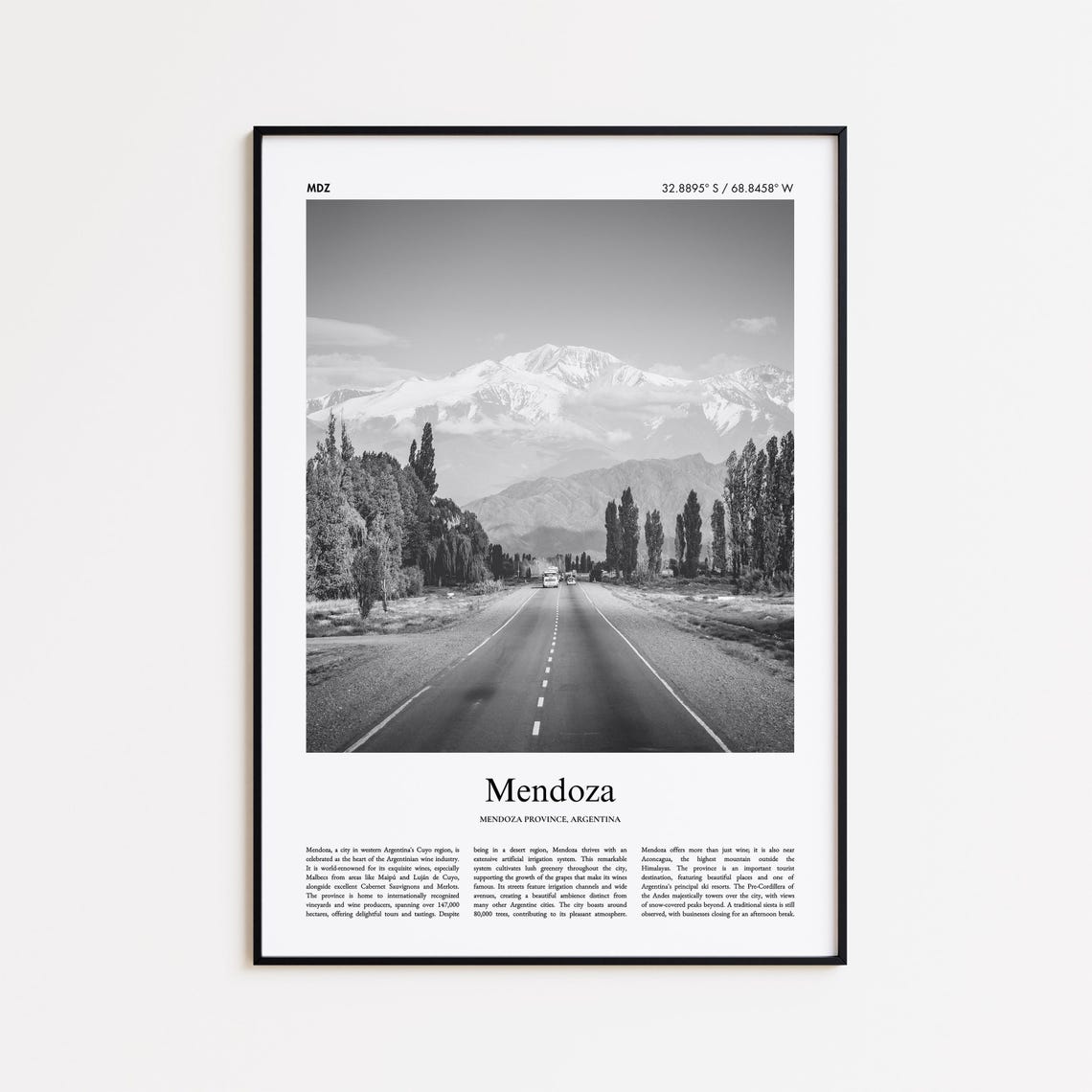 Mendoza Argentina Black And White Andes Mountain Road Travel Poster
