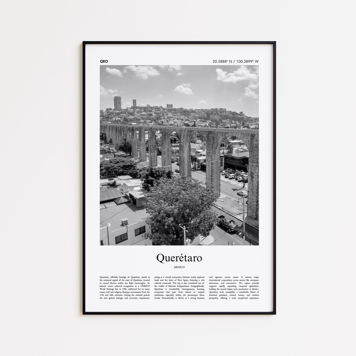 Queretaro Black And White Travel Poster, Minimal Decor