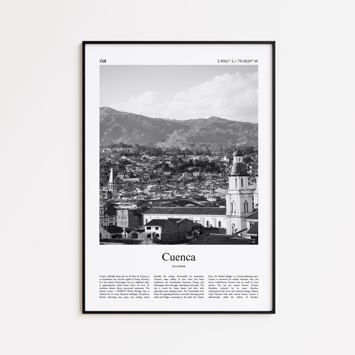 Cuenca Black And White Print Photo Poster Travel Gift Ecuador Wall Art Minimal Home Decor