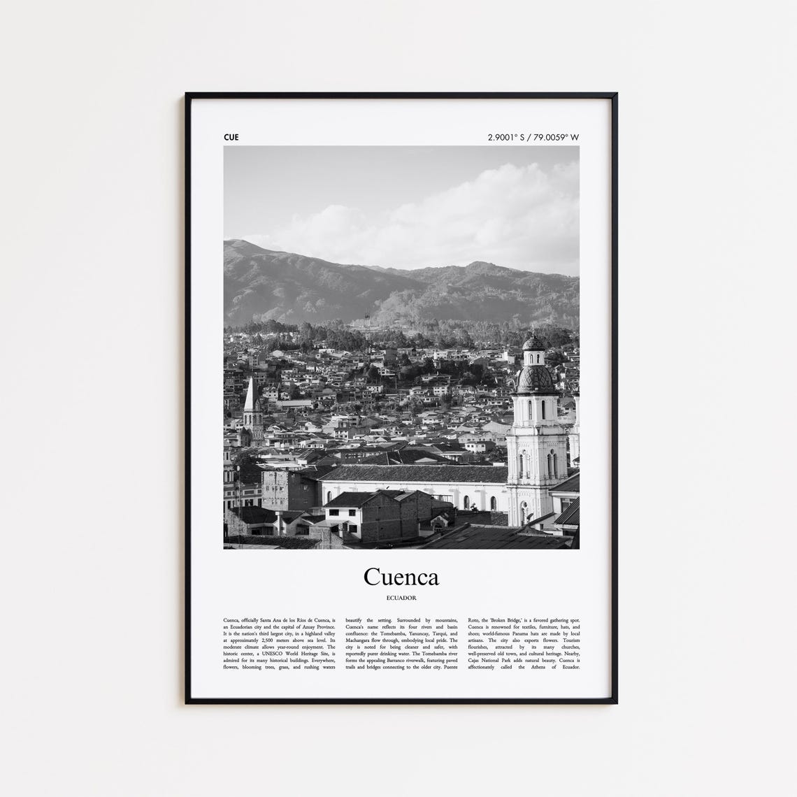 Cuenca Ecuador Black And White Cathedral Cityscape Photo Poster