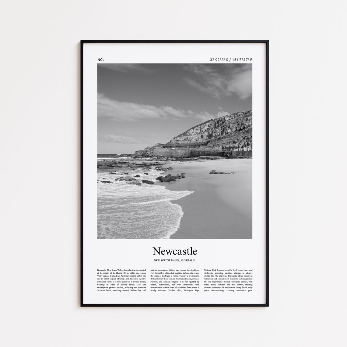 Newcastle New South Wales Rocky Coastline Black And White Art Poster