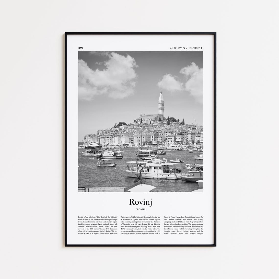 Rovinj Harbor Bell Tower Croatia Black and White Photo Poster