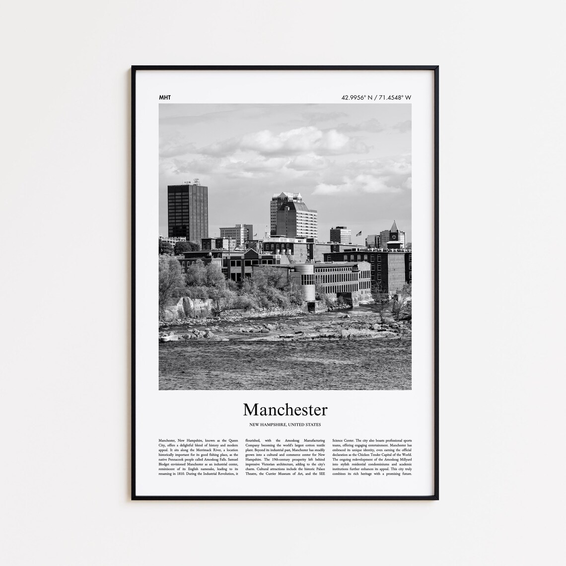 Manchester New Hampshire Black And White City Photo Travel Poster