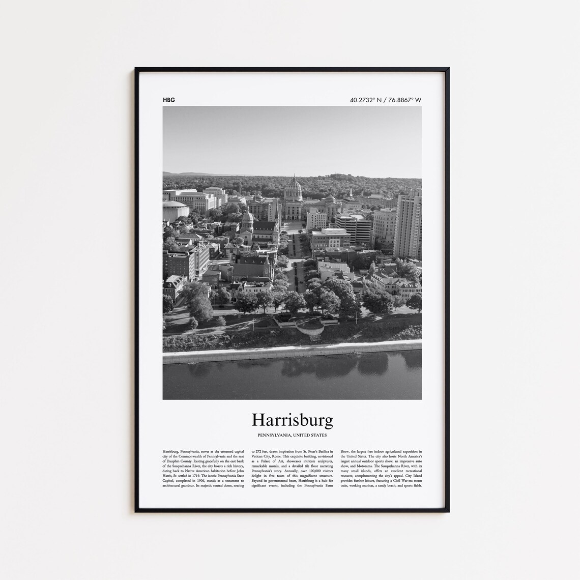 Harrisburg Pennsylvania Capitol Aerial Black And White Photo Travel Poster
