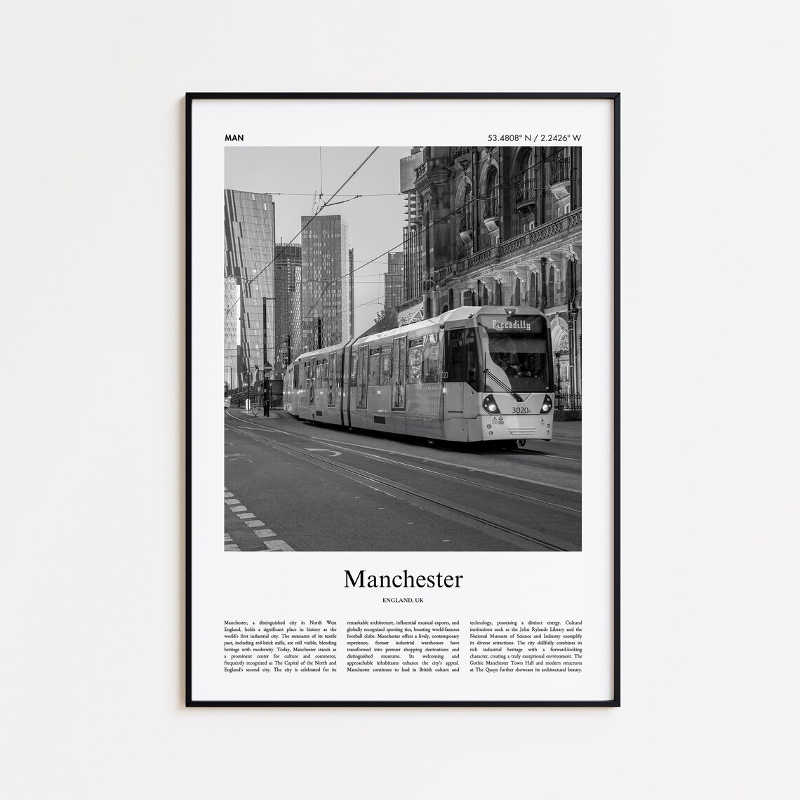 Manchester England Black and White Tram Photography Travel Poster