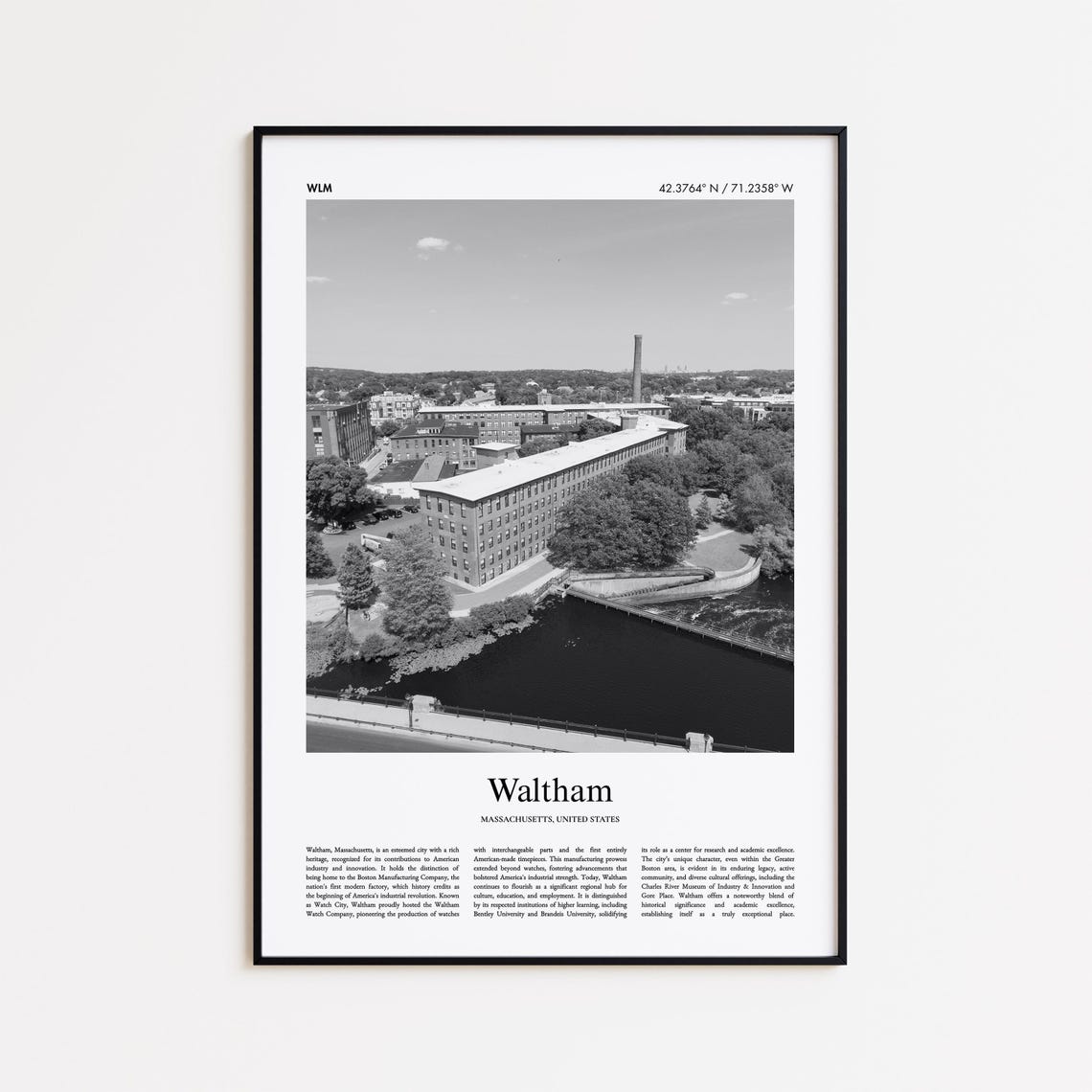 Waltham Massachusetts Black and White Coordinates City Travel Poster