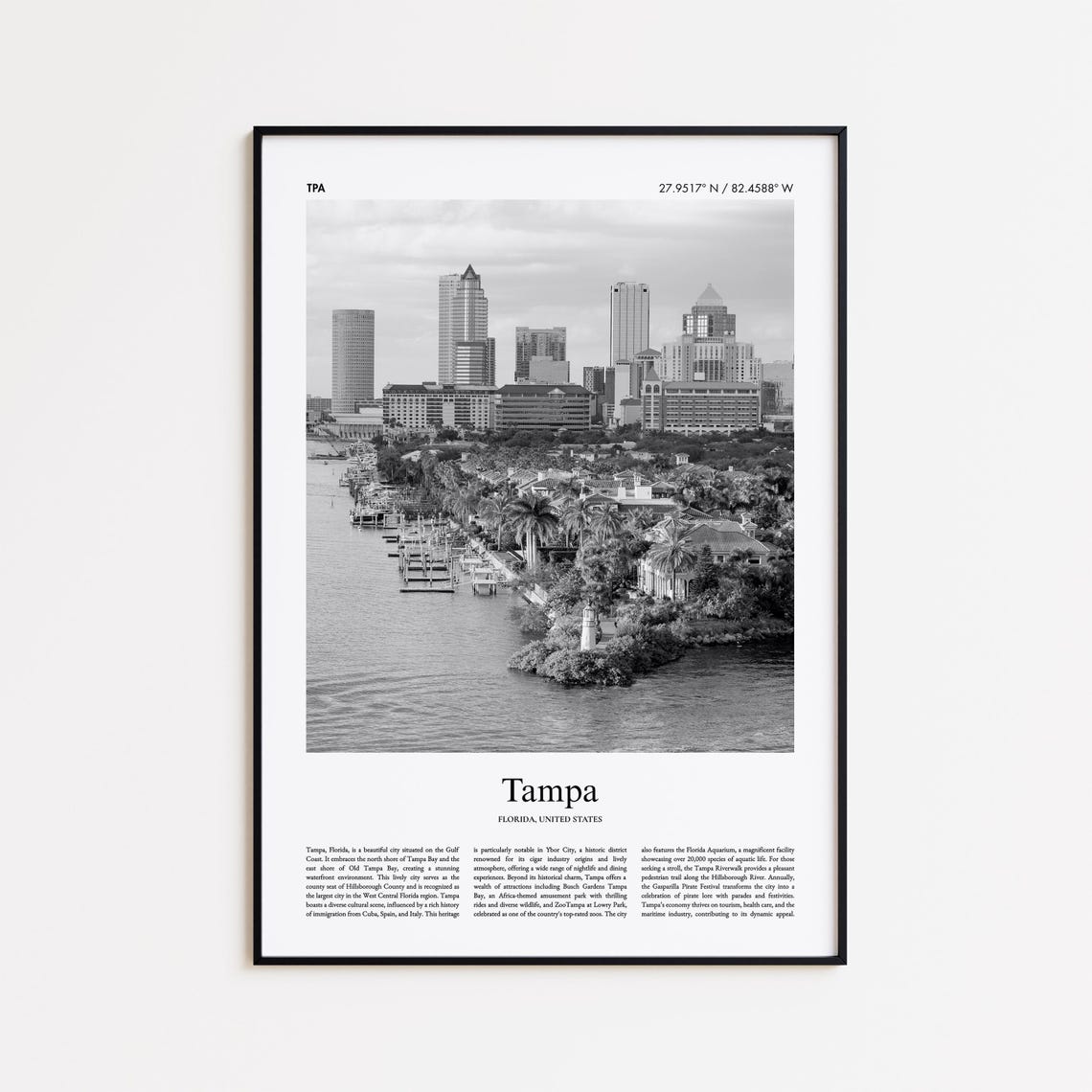 Tampa Florida Skyline Black And White Photo Poster City Coordinates