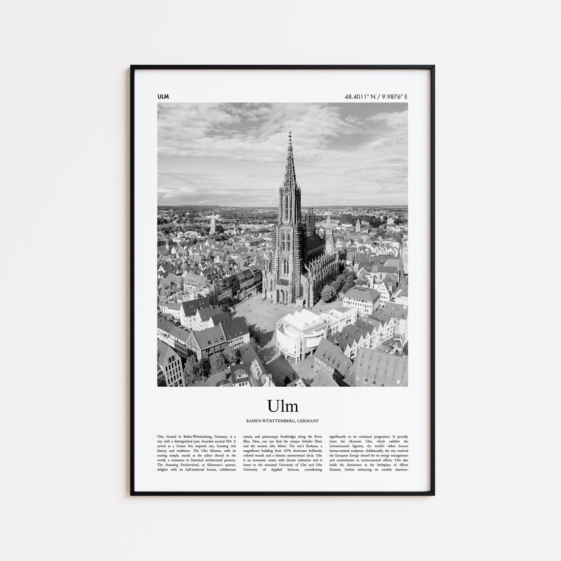 Ulm Germany Black White Ulm Minster Aerial Old Town Photo Poster