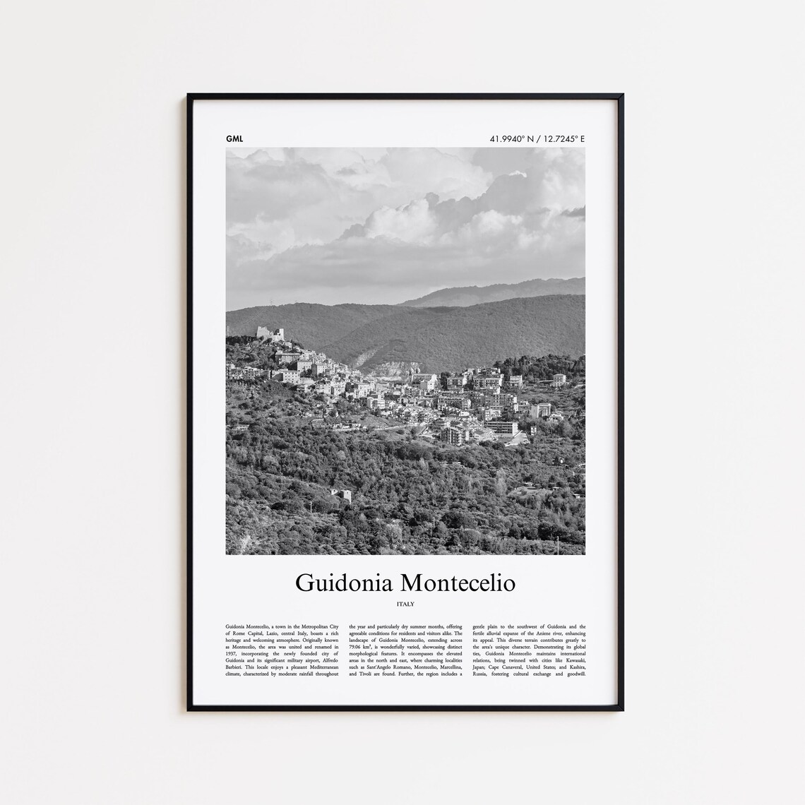 Guidonia Montecelio Italy Black and White Hill Town Photo Poster