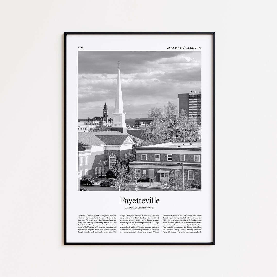 Fayetteville Arkansas Black and White Steeple Photo Travel Poster
