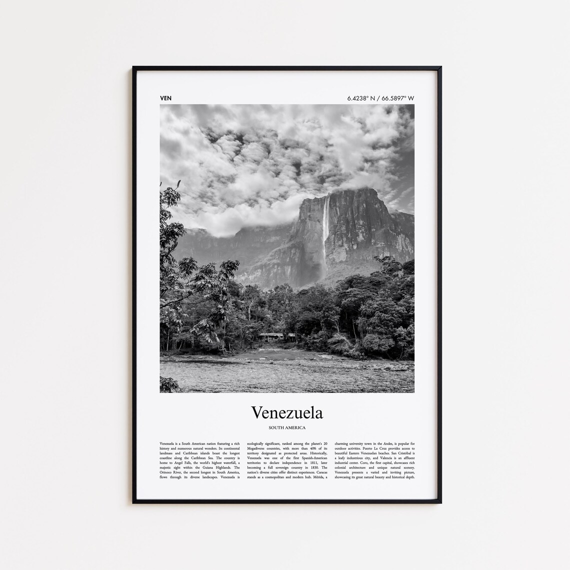 Venezuela Angel Falls Black And White Photo Travel Wall Poster