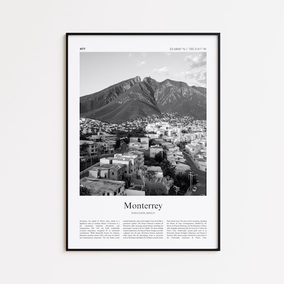 Monterrey Mexico Black And White Mountain Cityscape Travel Poster
