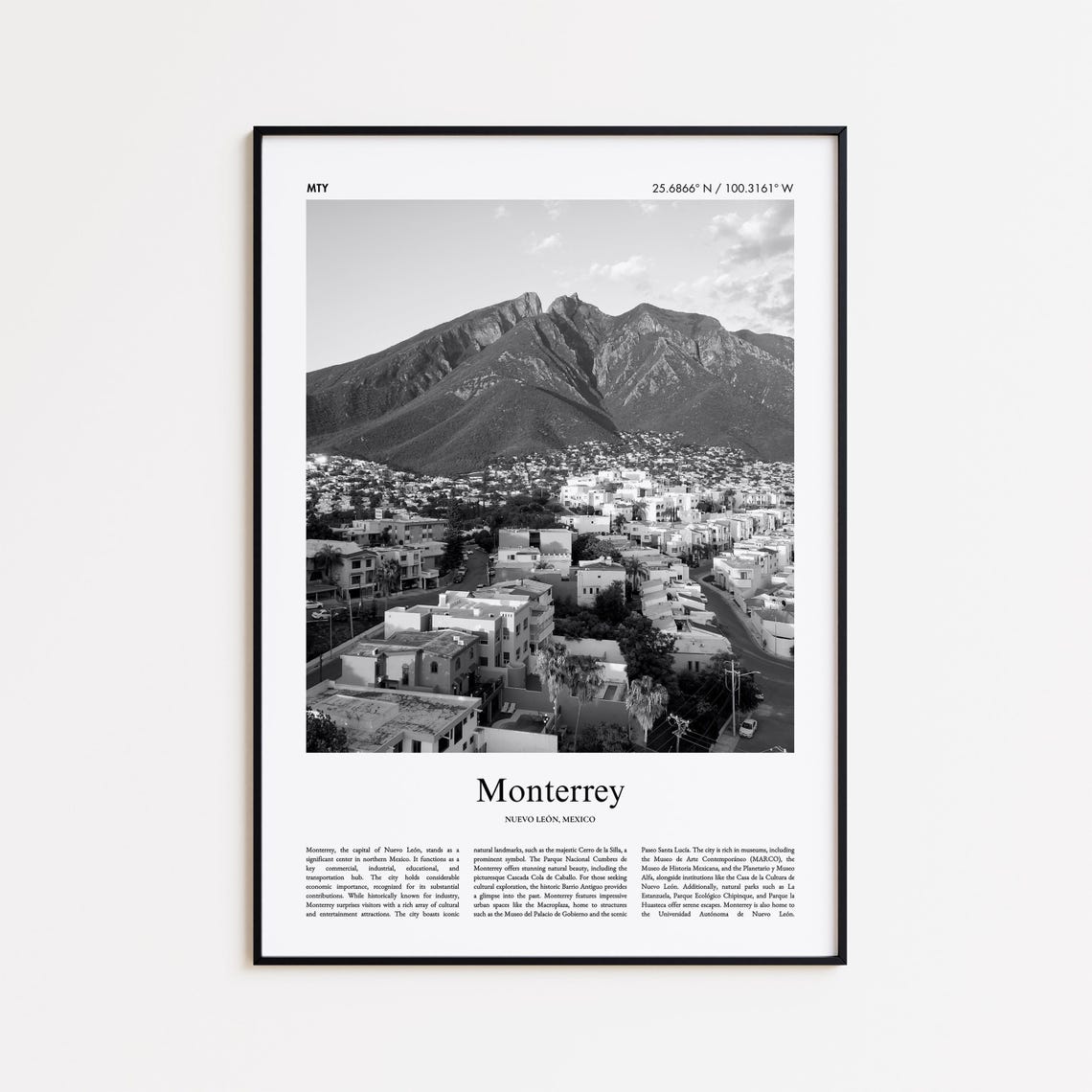 Monterrey Mexico Black And White Mountain Cityscape Travel Poster