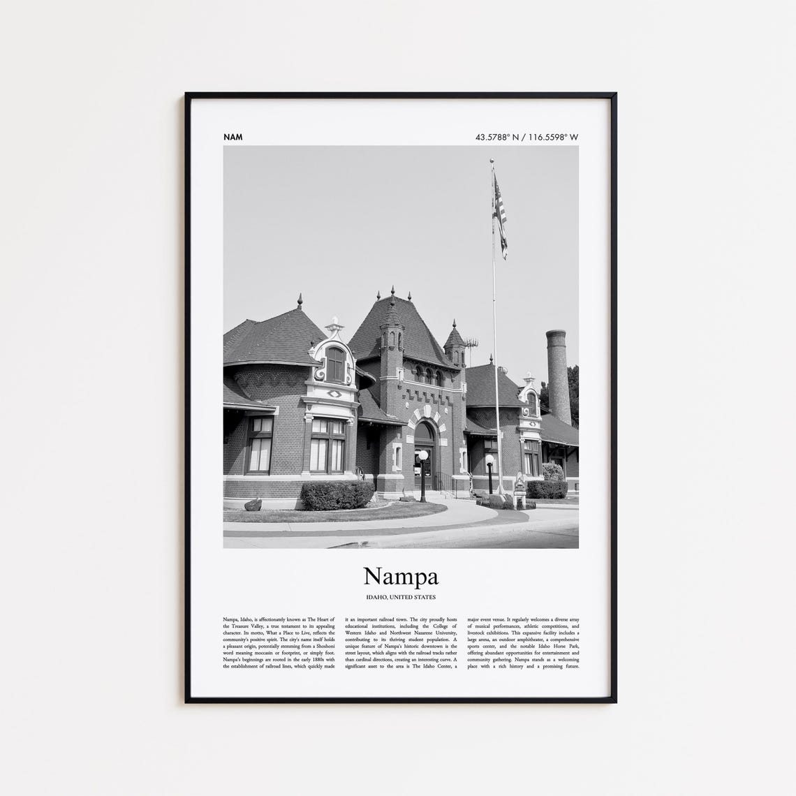 Nampa Idaho Black White Historic Brick Train Depot Photo Poster