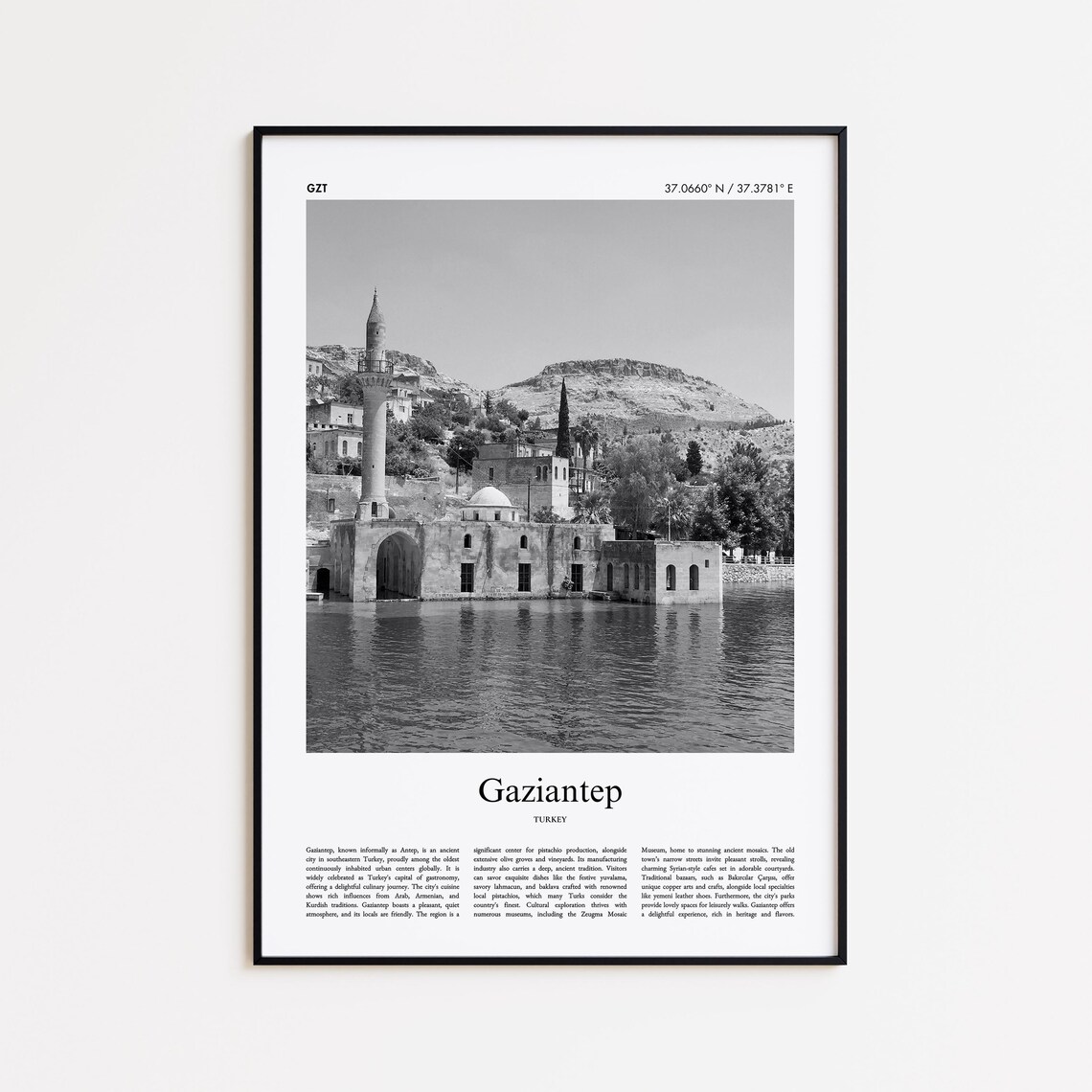 Gaziantep Turkey Black And White Mosque Photo Minimal Travel Poster