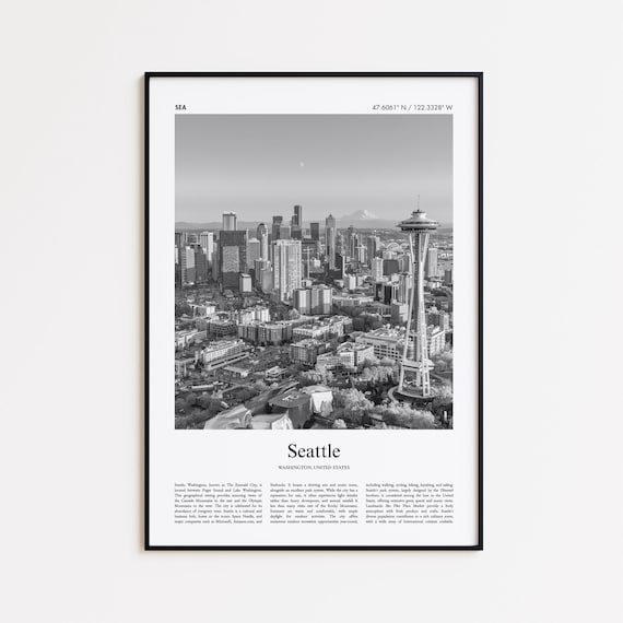 Seattle Washington Space Needle Black White Skyline Photo Poster