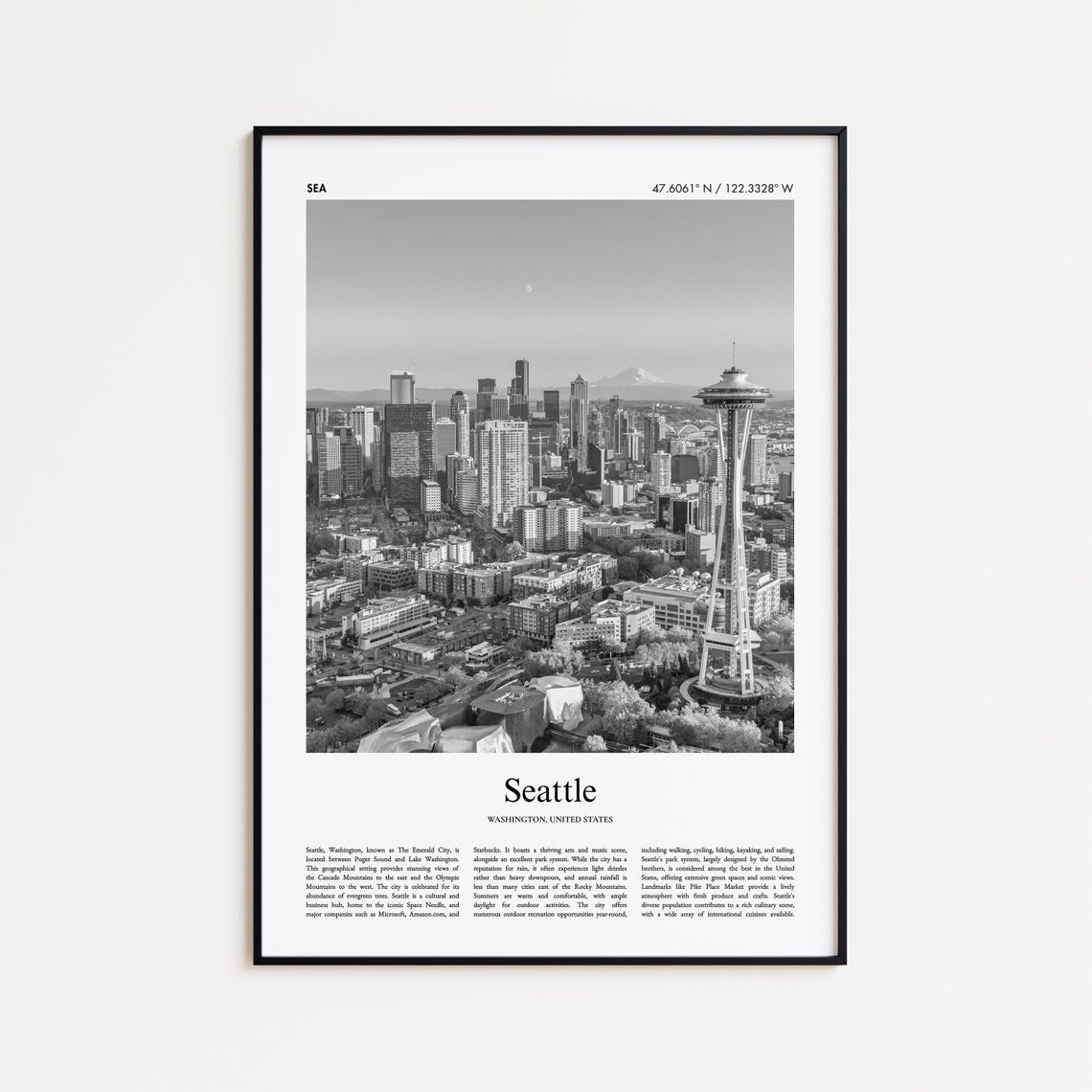 Seattle Washington Space Needle Black White Skyline Photo Poster