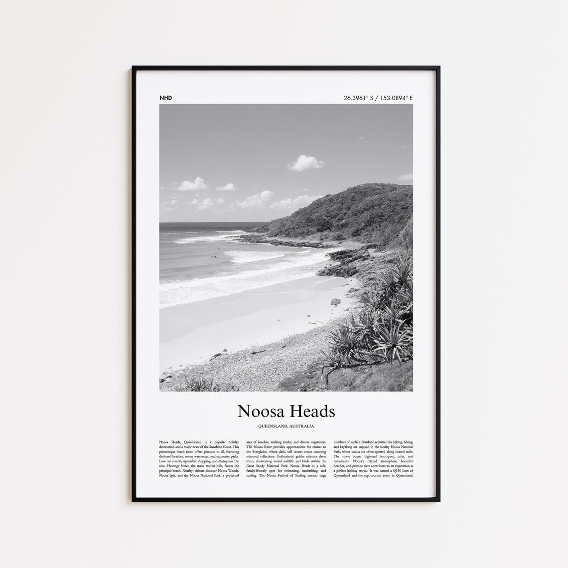 Noosa Heads Beach Black and White Coastal Travel Poster Queensland