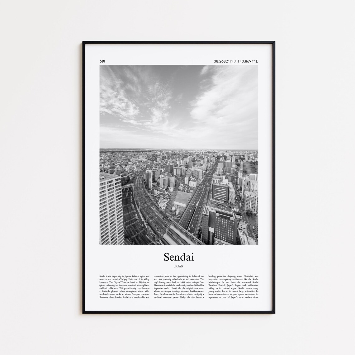 Sendai Aerial Highway Cityscape Black And White Japan Travel Poster