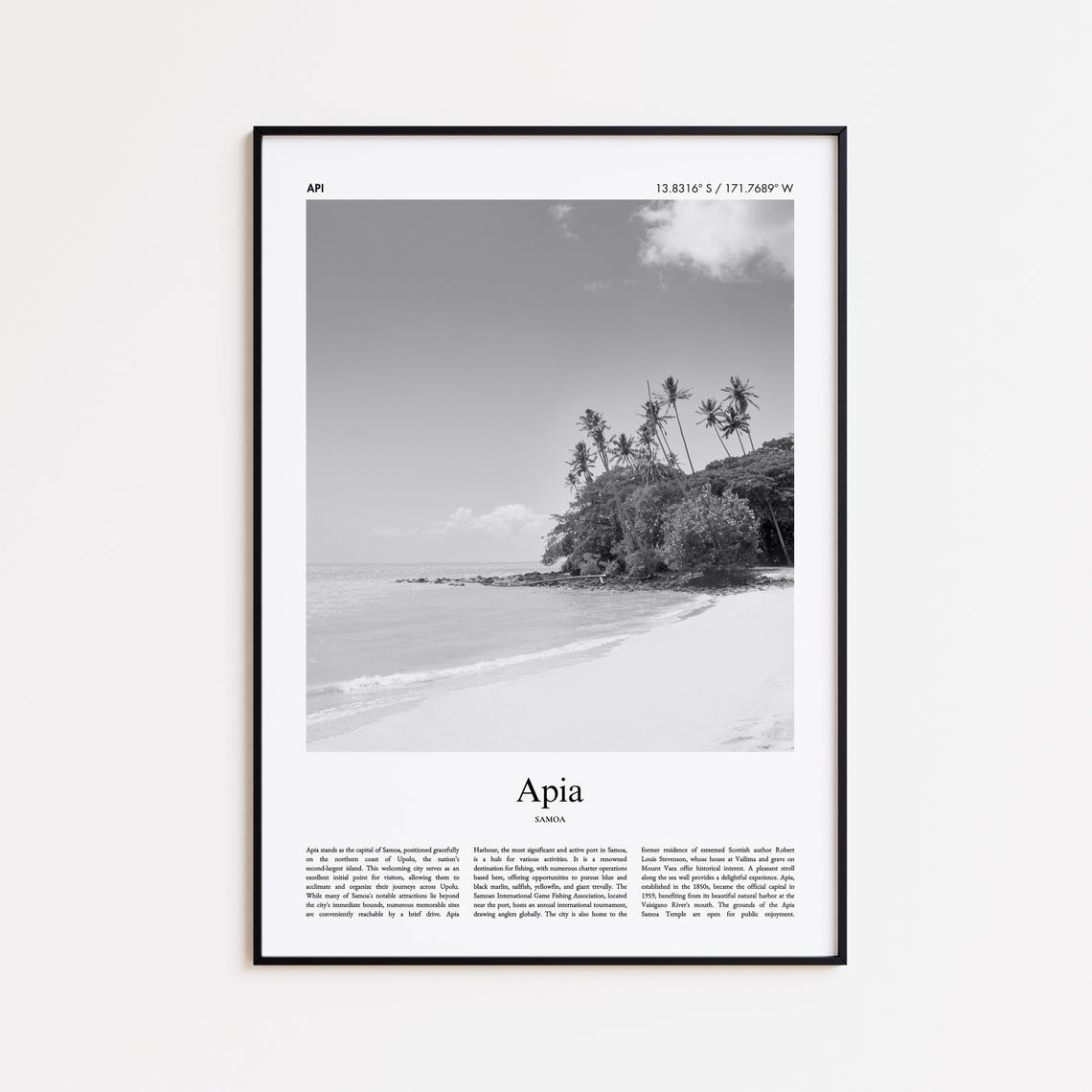 Apia Samoa Palm Beach Black And White Tropical Travel Art Poster