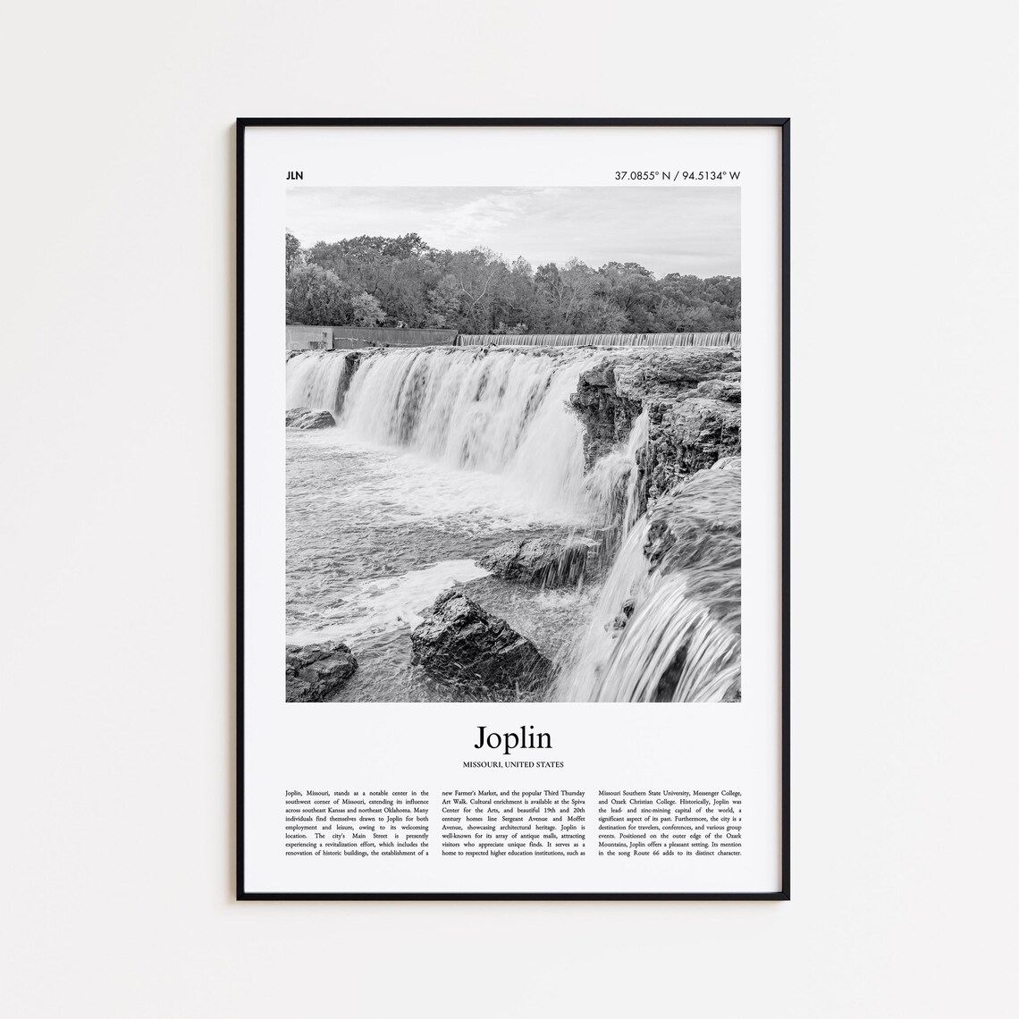 Joplin Missouri Waterfall Black And White Photo Travel Poster