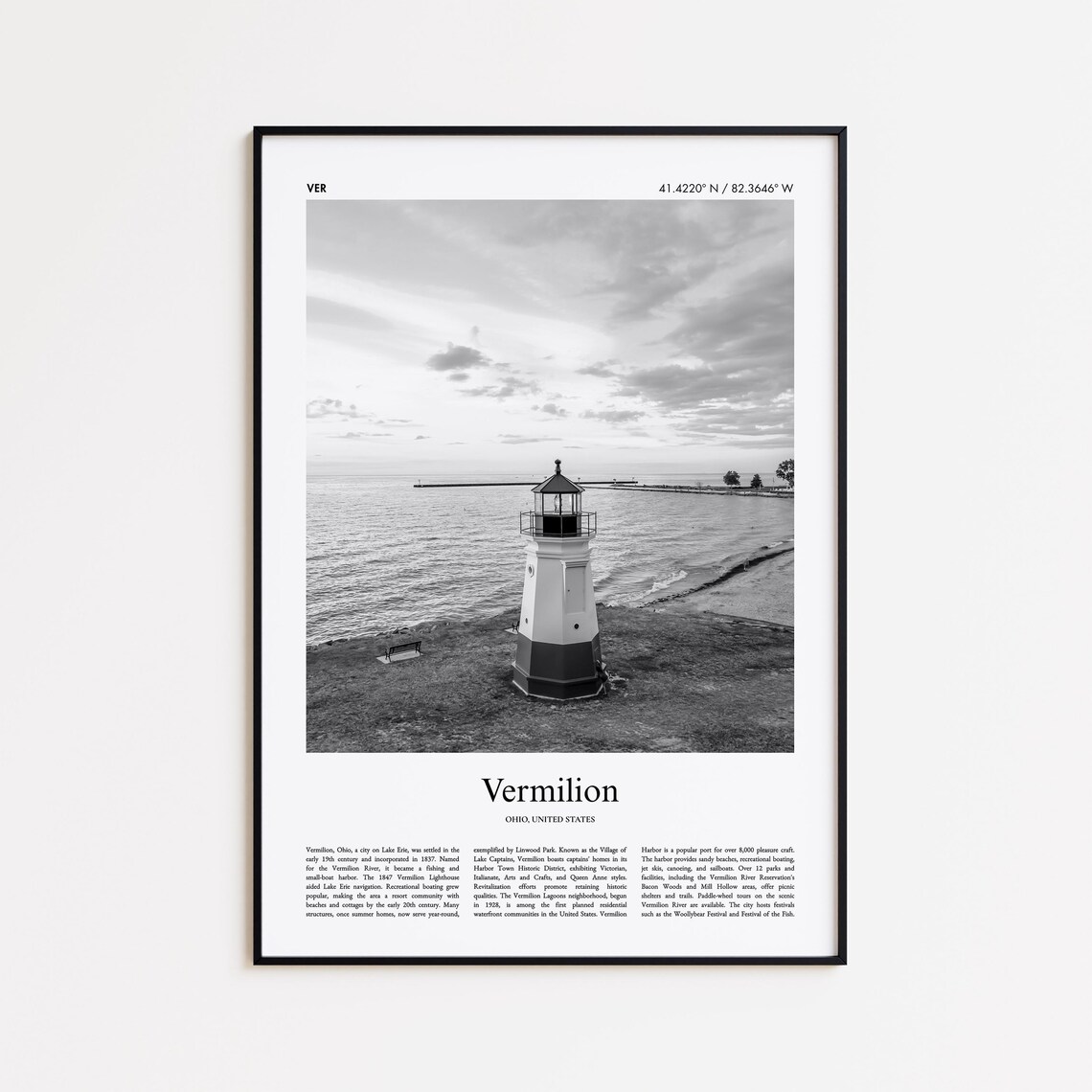 Vermilion Ohio Lighthouse Black and White Travel Photo Poster