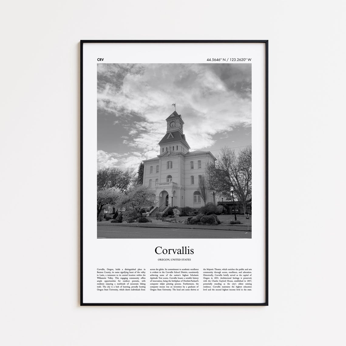 Corvallis Oregon Black and White Historic Clock Tower Photo Poster