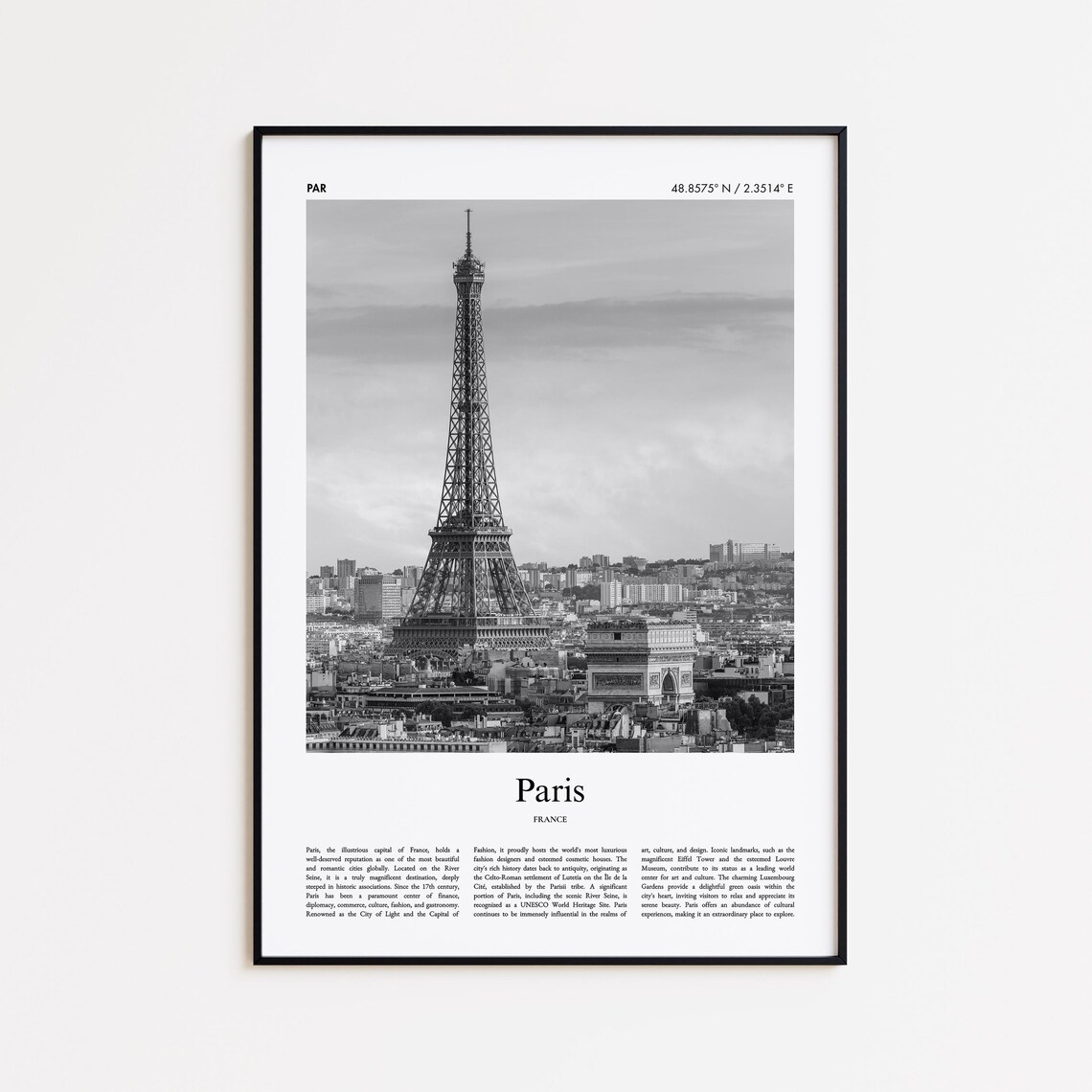 Paris Black And White Travel Poster, Minimal Decor